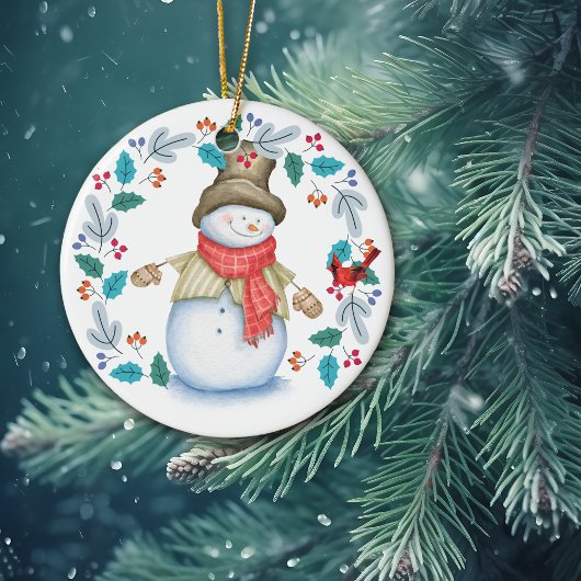 Cute Snowman met Bird WreatKerstmis Keramisch Ornament