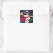 Cute Snowman met Bucket of Snowball Kerstmis Vierkante Sticker (Tas)
