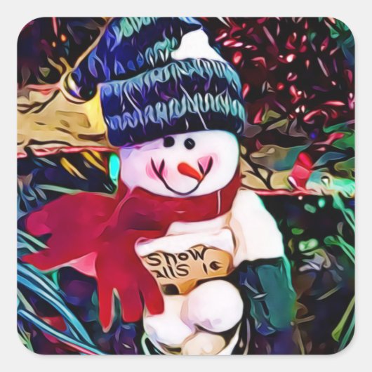 Cute Snowman met Bucket of Snowball Kerstmis Vierkante Sticker (Voorkant)