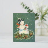 Cute Snowman met Cadeau op Pinecorn Wreath Briefkaart (Staand voorkant)