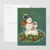 Cute Snowman met Cadeau op Pinecorn Wreath Briefkaart (Voorkant / Achterkant)