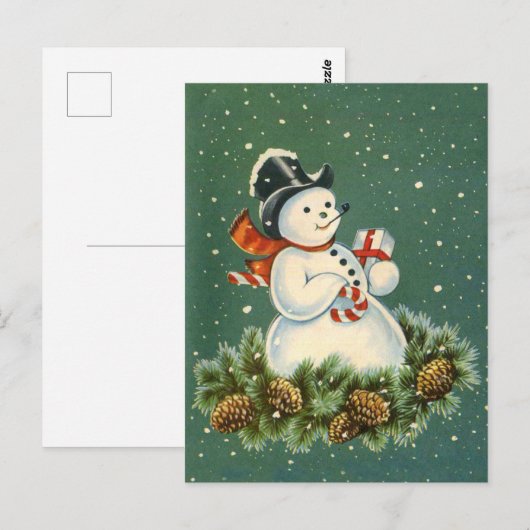 Cute Snowman met Cadeau op Pinecorn Wreath Briefkaart (Voorkant / Achterkant)