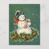 Cute Snowman met Cadeau op Pinecorn Wreath Briefkaart (Voorkant)