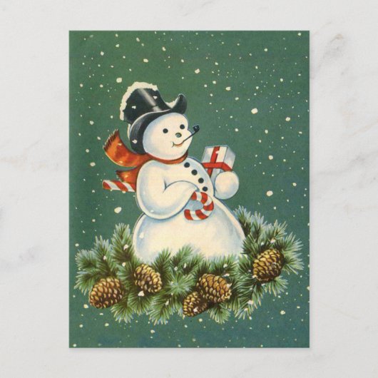 Cute Snowman met Cadeau op Pinecorn Wreath Briefkaart (Voorkant)