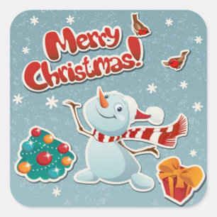 Cute Snowman met cadeautjes, kerstbomen en vogels Vierkante Sticker