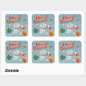 Cute Snowman met cadeautjes, kerstbomen en vogels Vierkante Sticker (Vel)