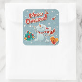 Cute Snowman met cadeautjes, kerstbomen en vogels Vierkante Sticker (Tas)