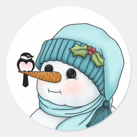 Cute Snowman met Chickadee op zijn wortelneus Ronde Sticker (Voorkant)