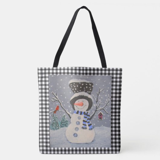 Cute Snowman met kardinaal op zwarte buffelplaat Tote Bag (Voorkant)
