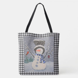 Cute Snowman met kardinaal op zwarte buffelplaat Tote Bag