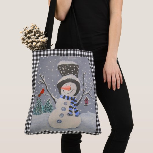 Cute Snowman met kardinaal op zwarte buffelplaat Tote Bag (Dichtbij)