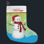 Cute Snowman met Santa Hat Kleine Kerstsok<br><div class="desc">Deze schattige kerstbedekking biedt een afbeelding van een sneeuwman met een kerstman. De achtergrond is helder groen en blauw en is voorzien van sneeuwvlokken. Pas deze vakantievoorraad aan voor elk kind.</div>