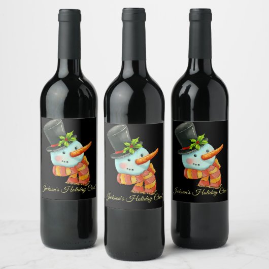 Cute Snowman met Top Hat Custom Kerstmis Wijn Etiket (Flessen)