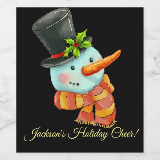 Cute Snowman met Top Hat Custom Kerstmis Wijn Etiket (Enkel label)