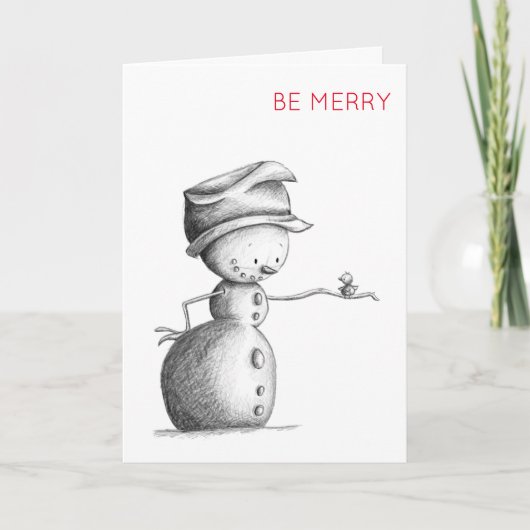 Cute Snowman met vogelillustratie zijn Merry Feestdagen Kaart (Voorkant)