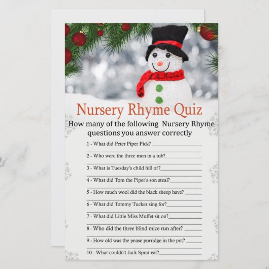 Cute snowman Nursery Rhyme Quiz baby shower game (Voorkant / Achterkant)