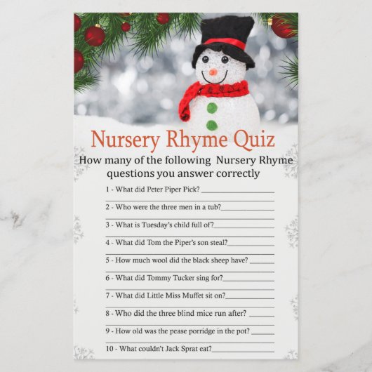 Cute snowman Nursery Rhyme Quiz baby shower game (Voorkant)