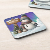 Cute snowman on North Pole with northern lights Bier Onderzetter (Linkerzijde)