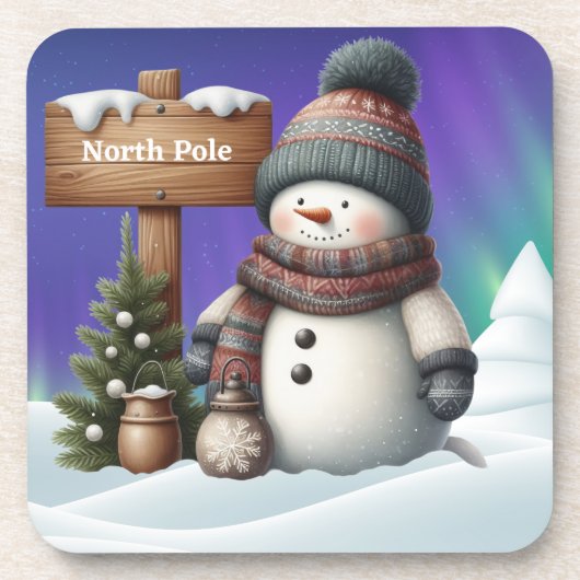 Cute snowman on North Pole with northern lights Bier Onderzetter (Voorkant)