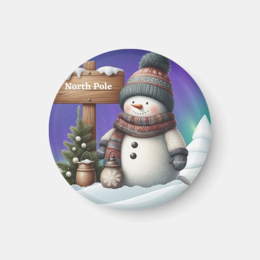 Cute snowman on North Pole with northern lights Magneet (Voorkant)