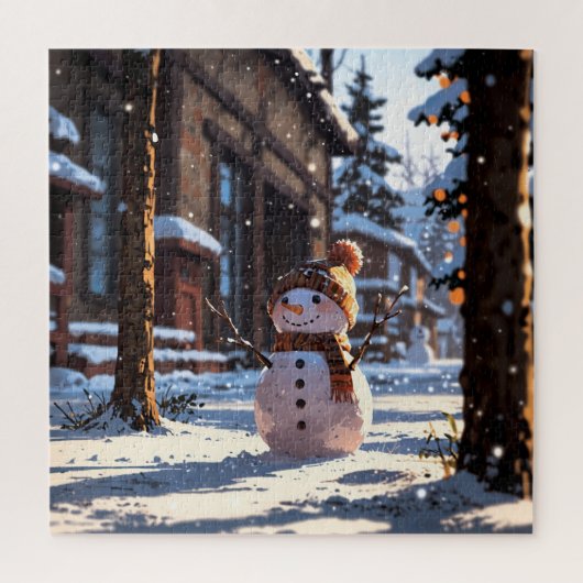 Cute snowman on the street legpuzzel (Verticaal)