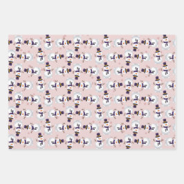 Cute Snowman op Bink, Blue en Green Background Inpakpapier Vel