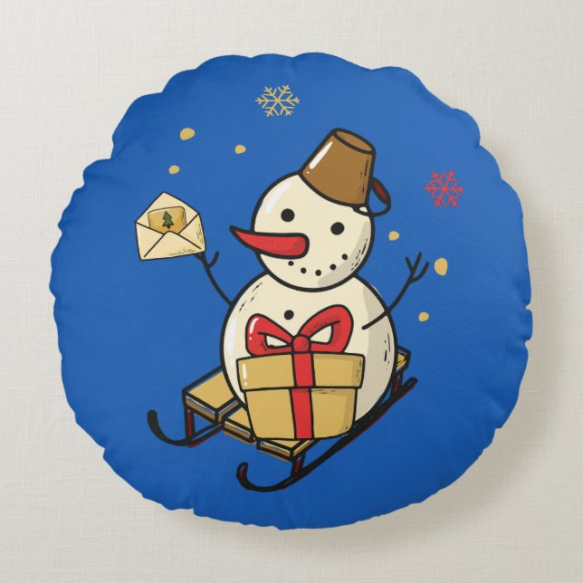Cute Snowman op een spoor Rond Kussen (Voorkant)