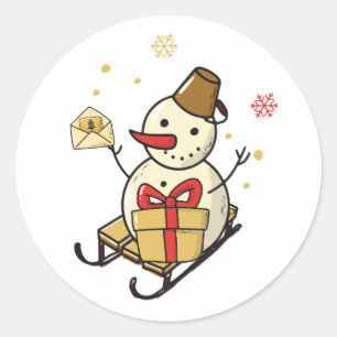 Cute Snowman op een spoor Ronde Sticker
