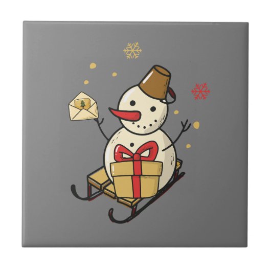 Cute Snowman op een spoor Tegeltje (Voorkant)