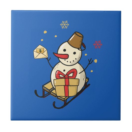 Cute Snowman op een spoor Tegeltje (Voorkant)