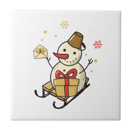 Cute Snowman op een spoor Tegeltje (Voorkant)