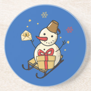 Cute Snowman op een spoor Zandsteen Onderzetter
