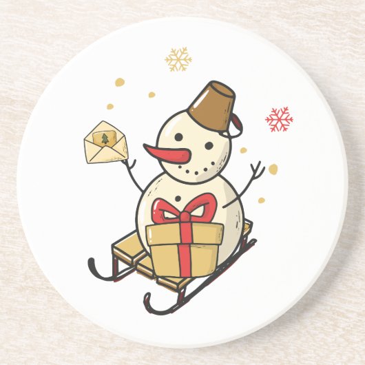 Cute Snowman op een spoor Zandsteen Onderzetter (Voorkant)