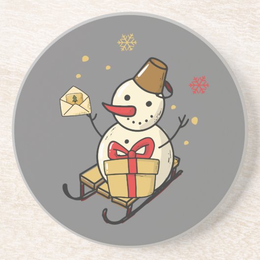 Cute Snowman op een spoor Zandsteen Onderzetter (Voorkant)