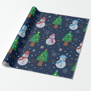 Cute Snowman-patroon met kerstbomen Cadeaupapier