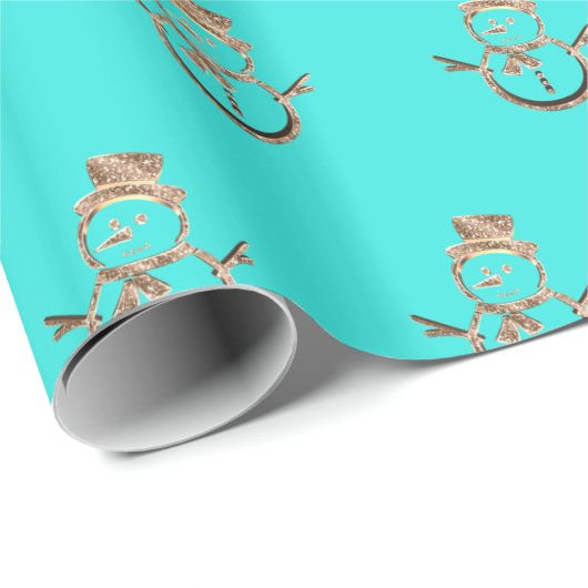 Cute Snowman Pattern Turquoise and Gold Kerstmis Cadeaupapier (Rol Hoek)