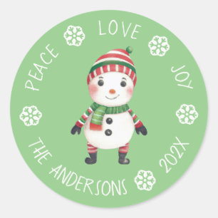Cute Snowman Peace Love Joy Snowflake Kerstmis Ronde Sticker