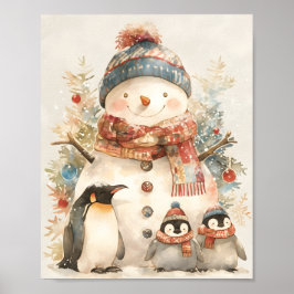 Cute Snowman Penguins Nursery watercolor Holiday Poster