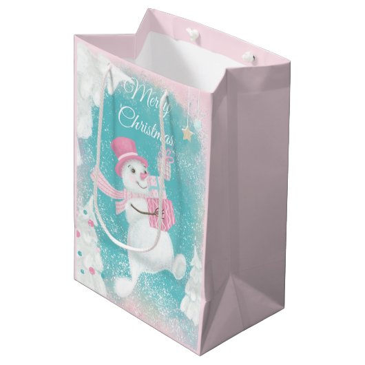 Cute Snowman Pink en Mint Kerstmis Medium Cadeauzakje (Voorkant Gekanteld)