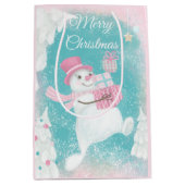 Cute Snowman Pink en Mint Kerstmis Medium Cadeauzakje (Voorkant)