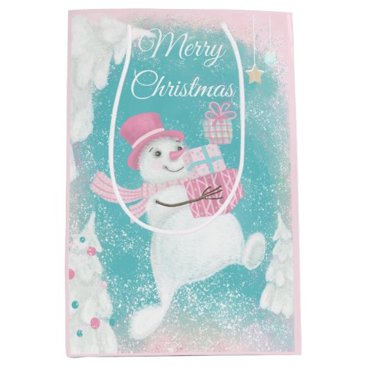 Cute Snowman Pink en Mint Kerstmis Medium Cadeauzakje (Voorkant)