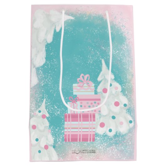 Cute Snowman Pink en Mint Kerstmis Medium Cadeauzakje (Achterkant)