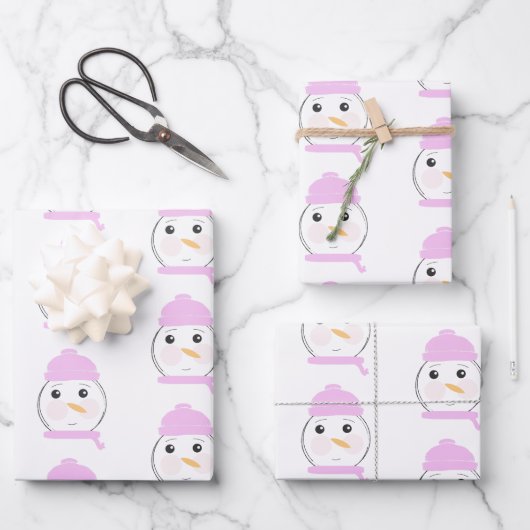 Cute Snowman Pink-kerstfeest Inpakpapier Vel (Voorkant)