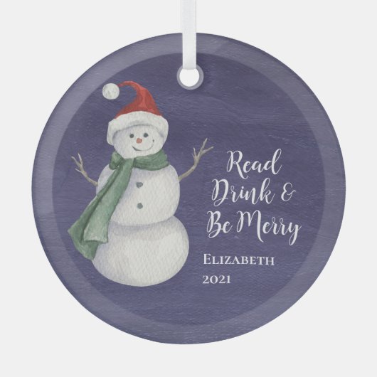 Cute Snowman Reading Book Club Monogrammed Glas Ornament (Voorkant)
