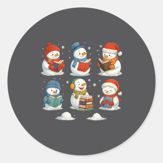 Cute Snowman Reading Books Christmas Winter Book L Ronde Sticker (Voorkant)