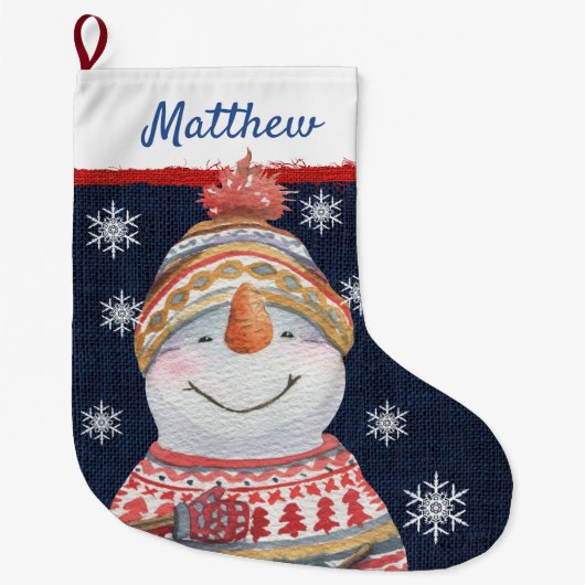 Cute Snowman Red Green Sweater Pet Snowflakes Name Grote Kerstsok (Voorkant)