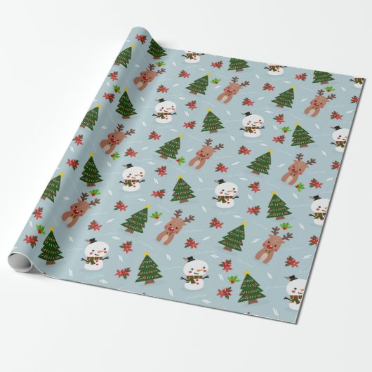 Cute Snowman, Reindeer & Christmas Tree Wrapping Cadeaupapier (Uitgerold)