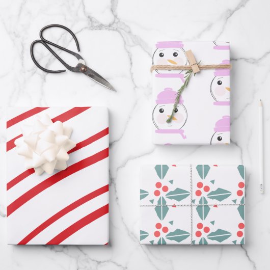 Cute Snowman Roze kerstmix Inpakpapier Vel (Voorkant)