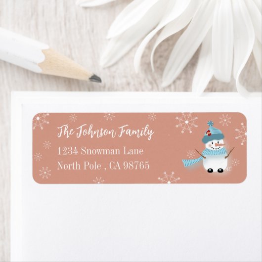Cute Snowman Salmon Pink Return Address Labels (Insitu)