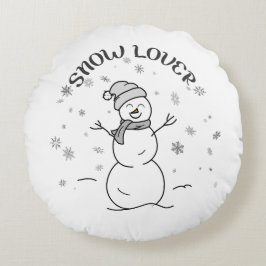 Cute Snowman SNOW LOVER Text Snowflakes Fun White  Rond Kussen